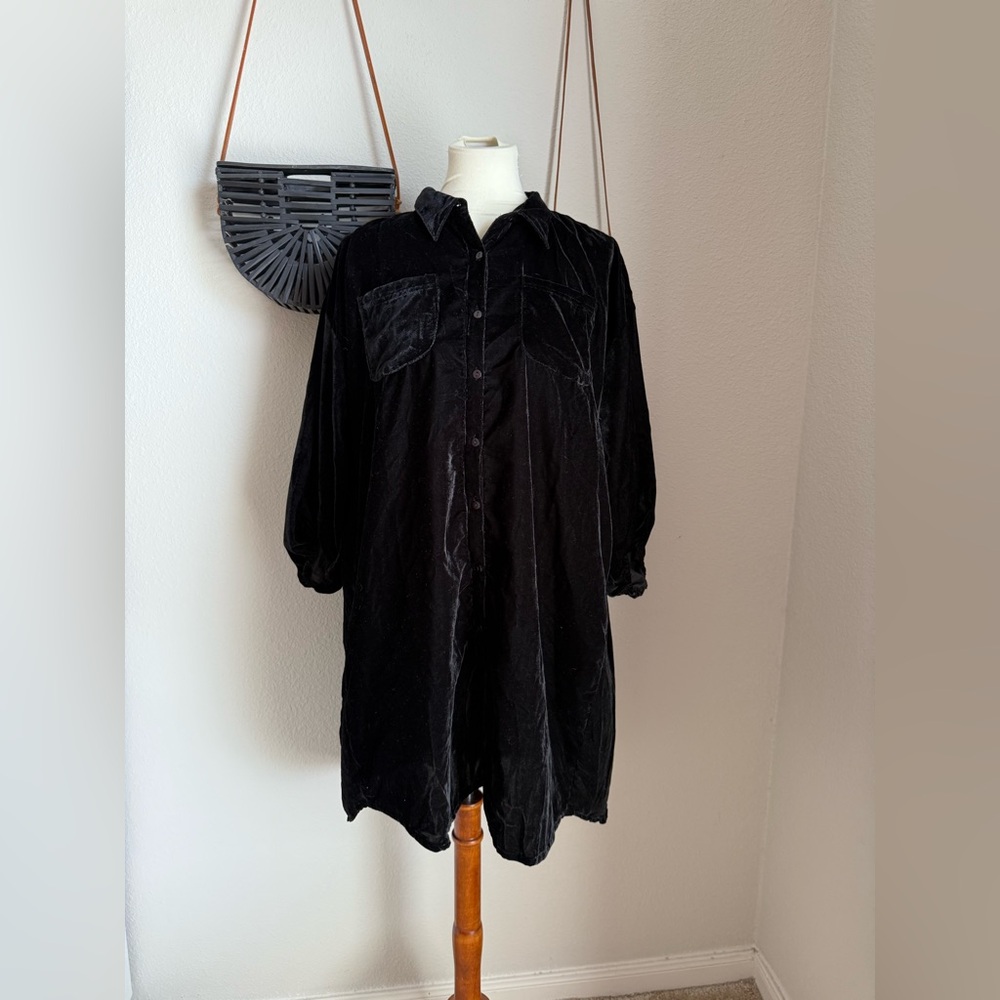 Karyn Seo Black Crinkled Velvet Button Down Dress Tunic Top, Size Medium